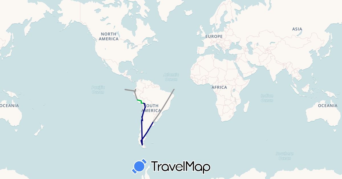 TravelMap itinerary: driving, bus, plane in Argentina, Bolivia, Chile, Colombia, Cuba, Germany, Ecuador, Peru (Europe, North America, South America)
